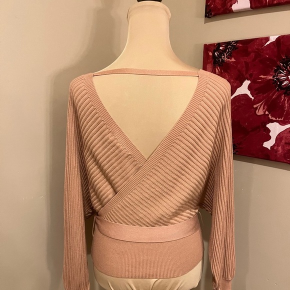 Love Tree Juniors Ribbed Long Sleeve Surplice sweater, in clay, size Small - Picture 5 of 7